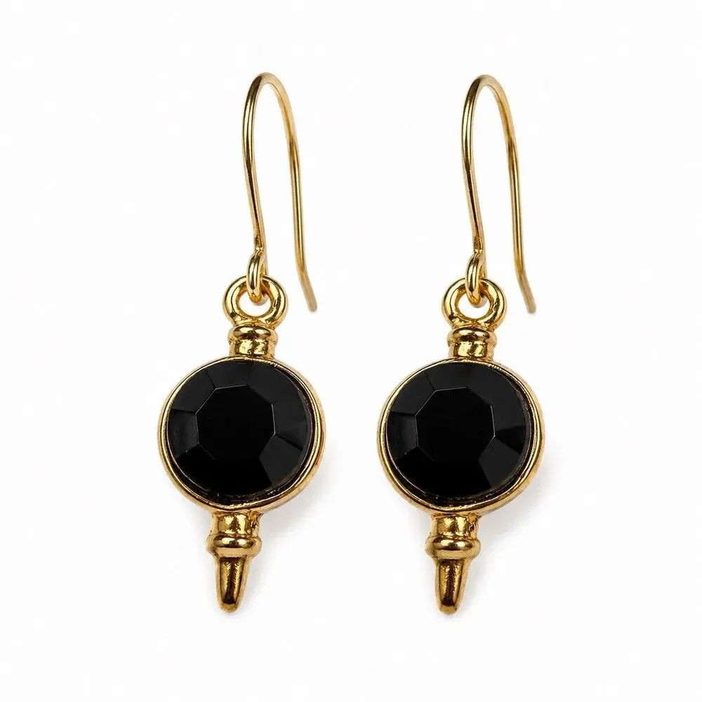 Vintage 1990s Black Faceted Stone Gold Tone Dangle Earrings Gothic Glam